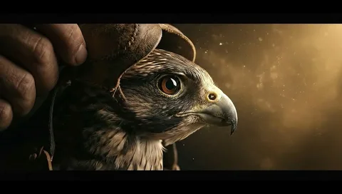 A falcon in close-up beside its handler's hand, in warm light