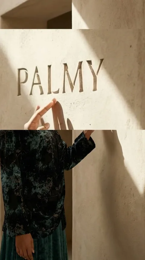 A hand touching the word PALMY carved into a pale stone wall