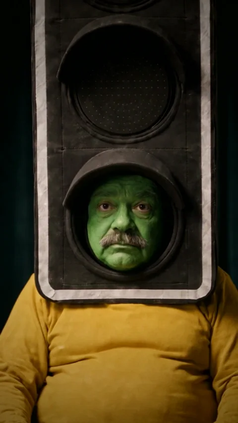 A man with a green-painted face looking out of the bottom lamp of a traffic-light costume, in a yellow suit against a dark curtain